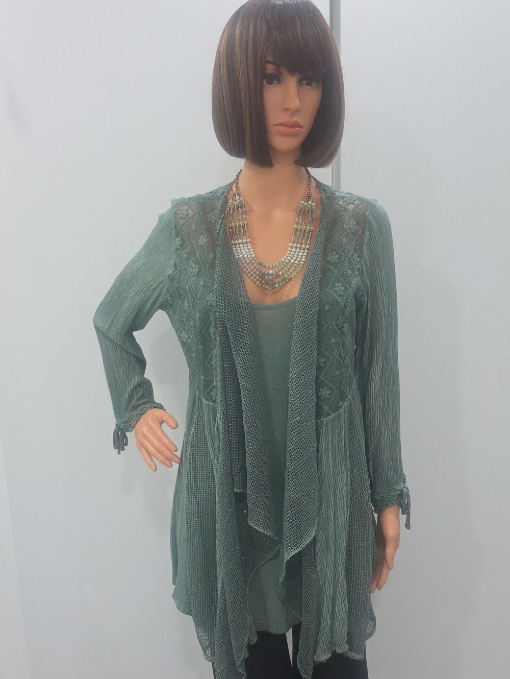 Pretty Angel Femine Boho Green Layered Sheer Tunic Cardigan and Tank. Size Small